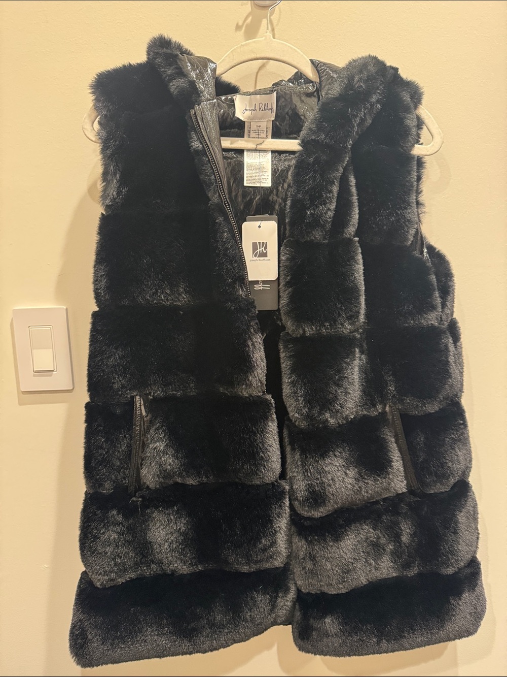 Joseph Ribkoff Black Faux Fur Hooded Reversible Sleeveless Vest